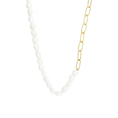 Paperclip Necklace with White Freshwater Pearl in Gold Plated Sterling Silver