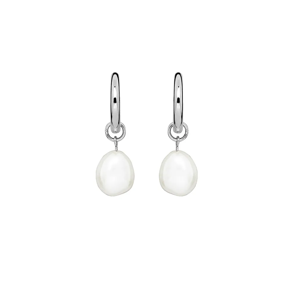 Hoop Earrings with White Freshwater Pearl Sterling Silver