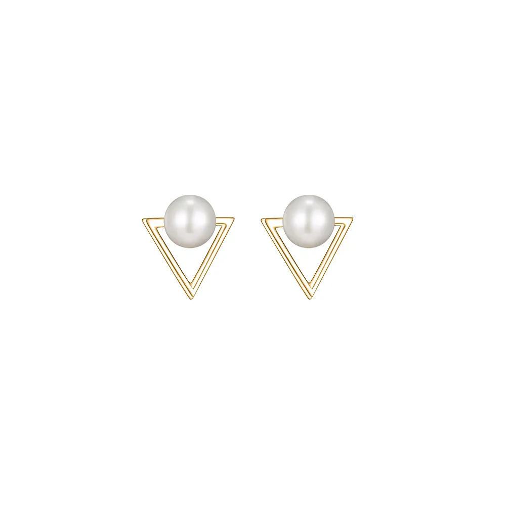 Triangle Earrings with White Freshwater Pearl Gold Plated Sterling Silver