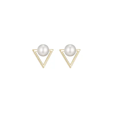 Triangle Earrings with White Freshwater Pearl Gold Plated Sterling Silver