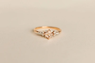 Ring with 4X4MM Princess Cut Morganite and .12 Carat TW of Diamonds in 14kt Rose Gold