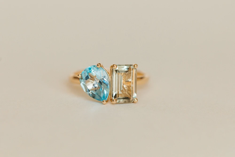 Toi et Moi Ring with Green Amethyst and Sky Blue Topaz 14kt Yellow Gold