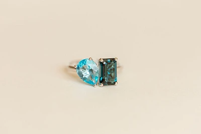 Toi et Moi Ring with London Blue Topaz and Swiss Blue Topaz in 14kt White Gold