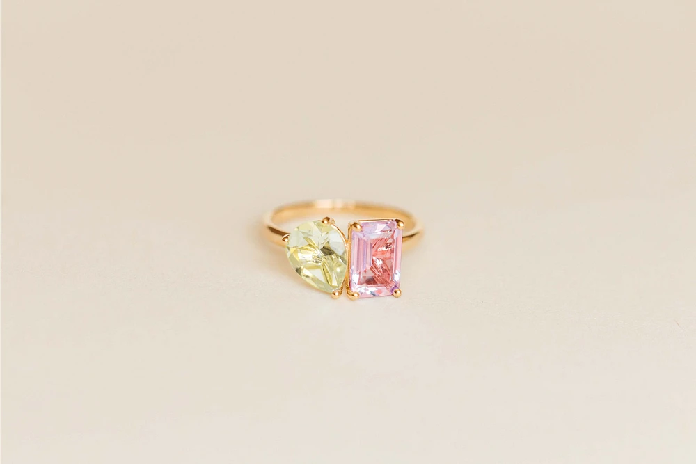 Toi et Moi Ring with Pink Amethyst and Green 14kt Yellow Gold