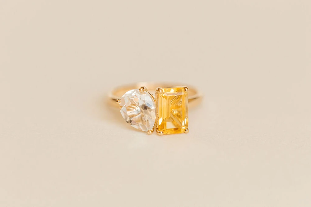 Toi et Moi Ring with Citrine and White Topaz 14kt Yellow Gold