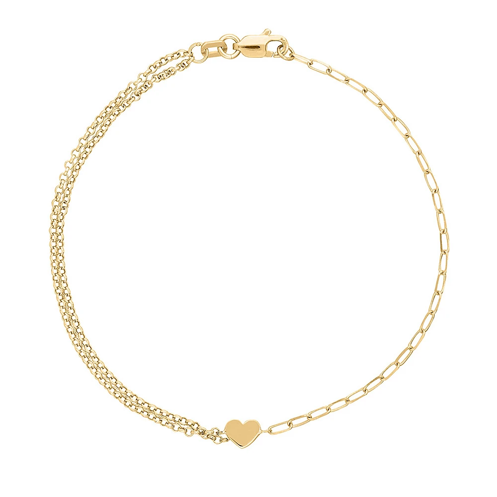 7.5″ Paperclip and Rolo Chain Mini Heart Bracelet 10kt Yellow Gold