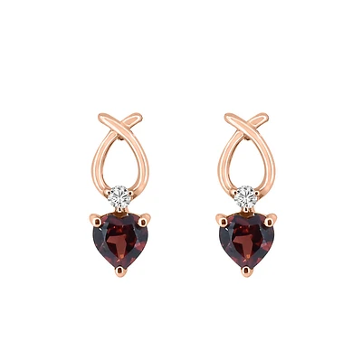 Heart Earrings with Garnet and .03 Carat TW of Diamonds in 10kt Rose Gold