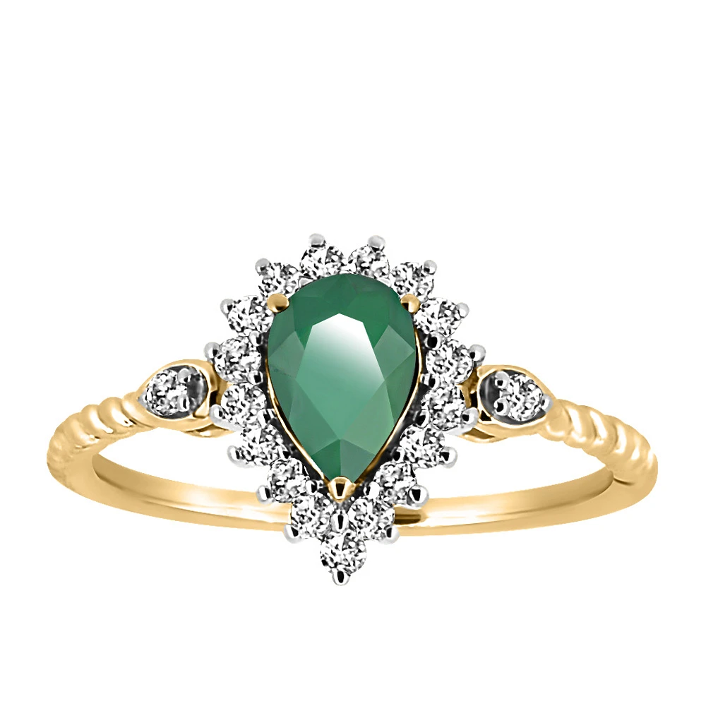 Ring with 7X5MM Pear Shaped Green Emerald and .26 Carat TW of Diamonds 10KT Yellow Gold