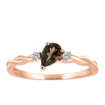 Ring with 4X6MM Pear Shape Smoky Quartz and .06 Carat TW of Diamonds in 10kt Rose Gold