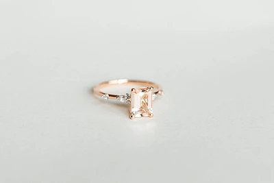 Ring with 8X6MM Emerald Cut Morganite and .12 Carat TW of Diamonds in 14kt Rose Gold