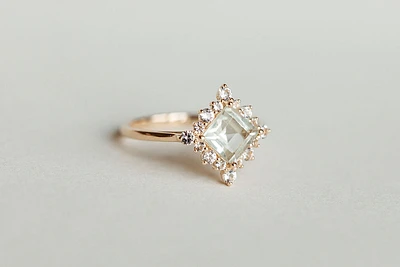 Ring with 6MM Square Cut Green Amethyst and White Topaz 10kt Yellow Gold