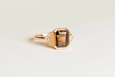 Ring with 8X6MM Octagonal Emerald Cut Smoky Quartz and White Topaz in 10kt Rose Gold