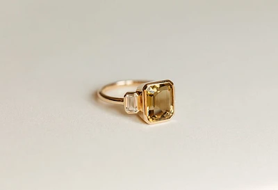 Ring with 10X8MM Octagonal Emerald Cut Olive Green Quartz and White Topaz in 10kt Yellow Gold