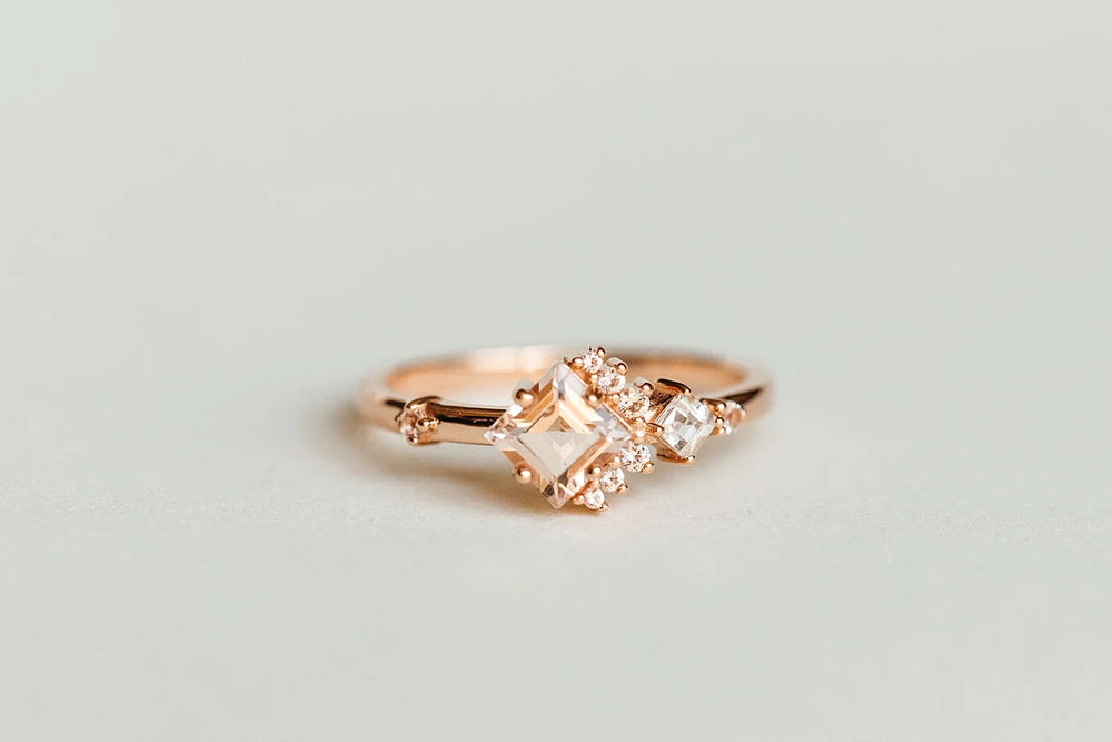 Ring with Square Cut Morganite and White Topaz in 10kt Rose Gold