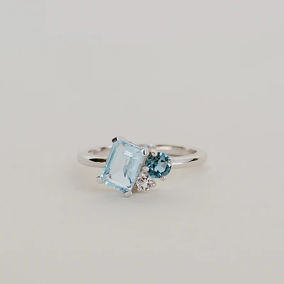 Ring with 7X5MM Emerald Cut Sky Blue Topaz, London Topaz and White 10kt Gold