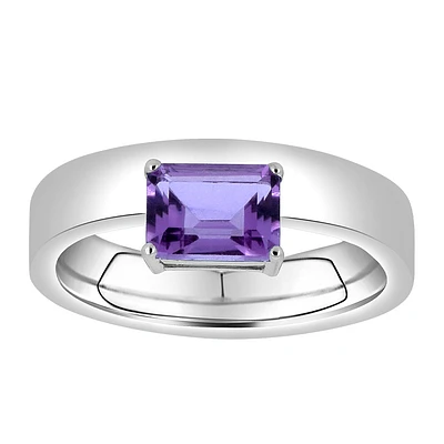 Ring with Emerald Cut Amethyst in Sterling Silver