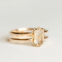 Ring with 10X5MM Elongated Hexagon Golden Rutilated Quartz 10kt Yellow Gold