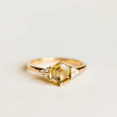 Ring with 7MM Hexagon Olive Green Quartz and .09 Carat TW of Diamonds 10kt Yellow Gold