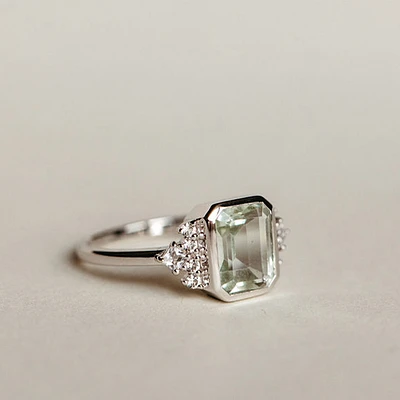 Ring with 10X7MM Octagonal Emerald Cut Green Amethyst and White Topaz 10kt Gold