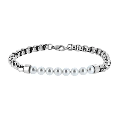 Men’s Bracelet with 6MM White Synthetic Pearls in Stainless Steel