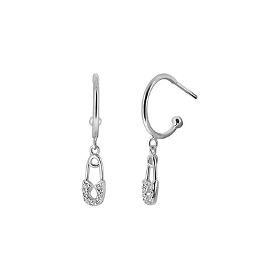 Safety Pin Earrings with Cubic Zirconia in Sterling Silver