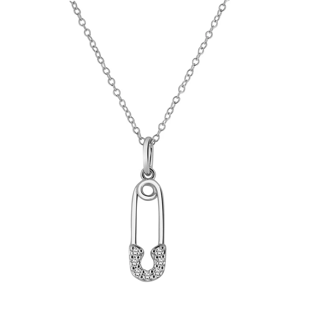 Safety Pin Pendant with Cubic Zirconia Sterling Silver Chain