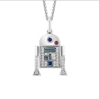 Star Wars R2-D2 Pendant with Blue Sapphire, Garnet and .14 Carat TW of Diamonds Sterling Silver Chain