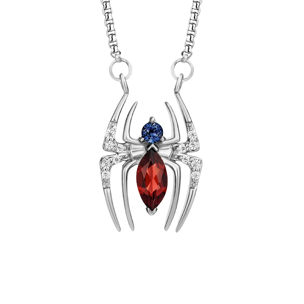 Marvel Spider-Man Pendant with Blue Sapphire, Garnet and .05 Carat TW of Diamonds Silver Chain