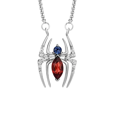 Marvel Spider-Man Pendant with Blue Sapphire, Garnet and .05 Carat TW of Diamonds Silver Chain