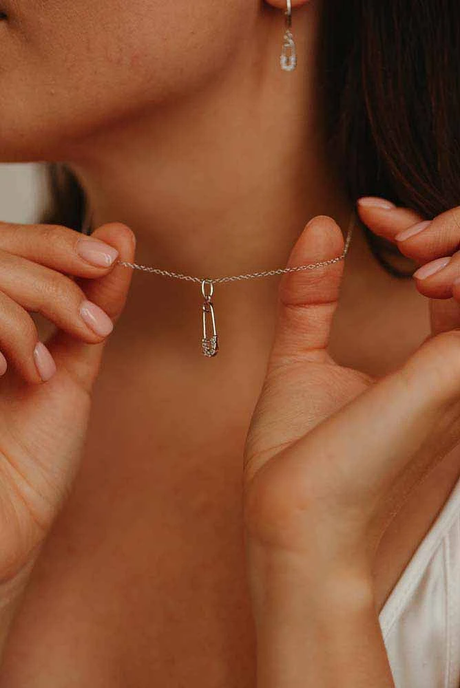 Safety Pin Pendant with Cubic Zirconia Sterling Silver Chain