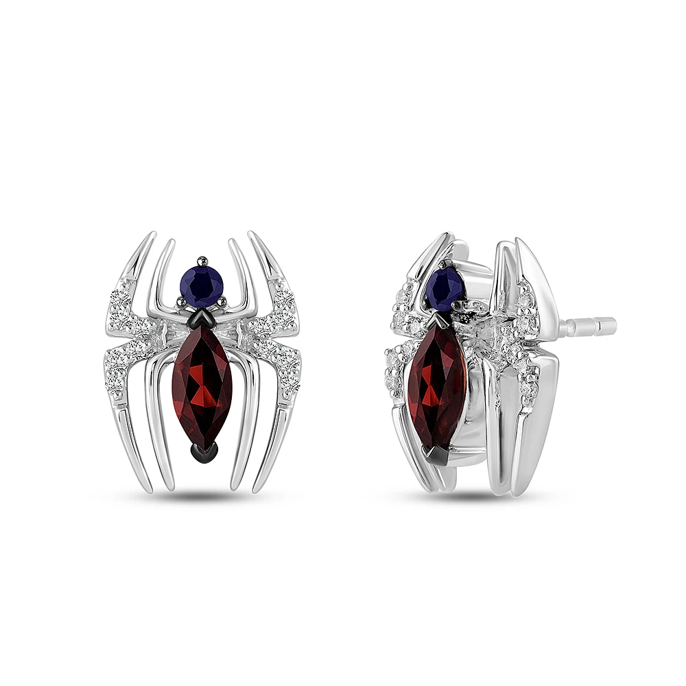 Marvel Spider-Man Earrings with Blue Sapphire and Garnet in Sterling Silver