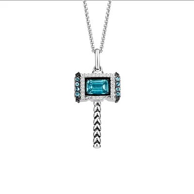 Marvel Thor’s Hammer “Mjolnir”  Pendant with Swiss Blue Topaz and .20 Carat TW of Diamonds in Silver with Chain