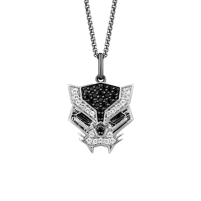 Marvel Black Panther Pendant with Spinel and .13 Carat TW of Diamonds Rhodium Plated Silver Chain