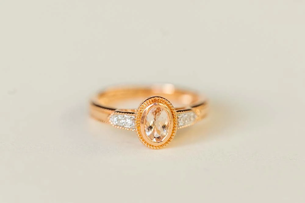 Ring with 6X4MM Oval Morganite and .05 Carat TW of Diamonds 14kt Rose Gold