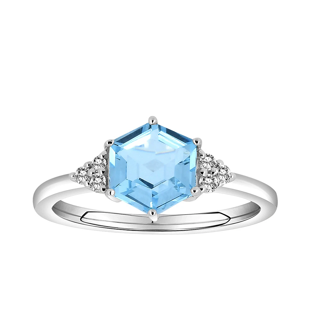 Ring with 7MM Hexagon Sky Blue Topaz and .09 Carat TW of Diamonds 10kt White Gold