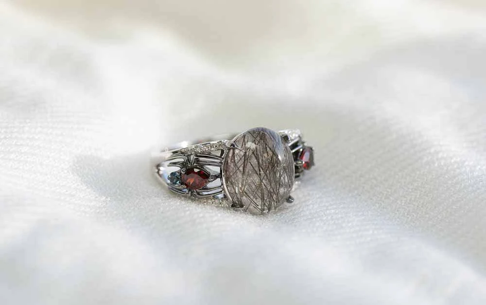 Marvel Spider-Man Ring with Rutilated Quartz, Garnet, London Blue Topaz and .05 Carat TW of Diamonds Black Rhodium Plated Silver