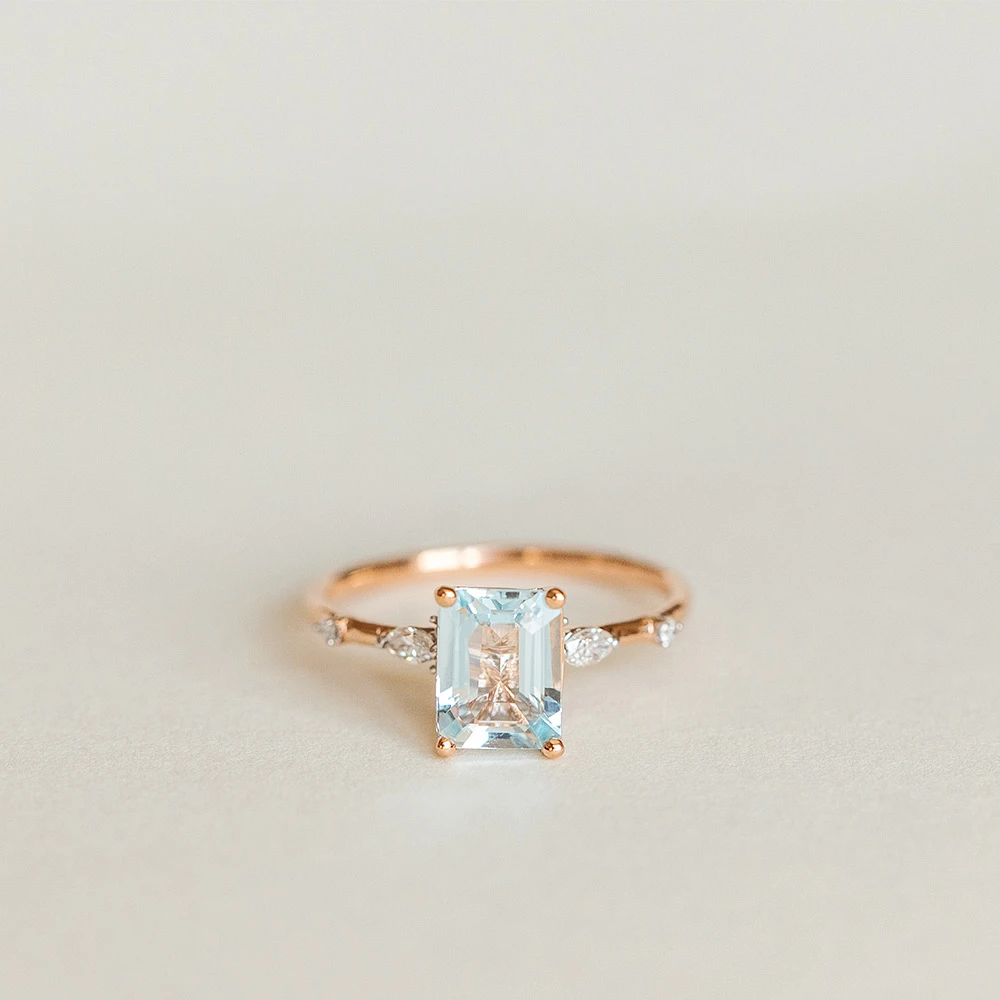 Ring with 8X6MM Emerald Cut Aquamarine and .12 Carat TW of Diamonds 14kt Rose Gold