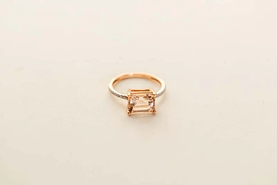 Ring with 9X7MM Emerald Cut Morganite and .12 Carat TW of Diamonds in 14kt Rose Gold