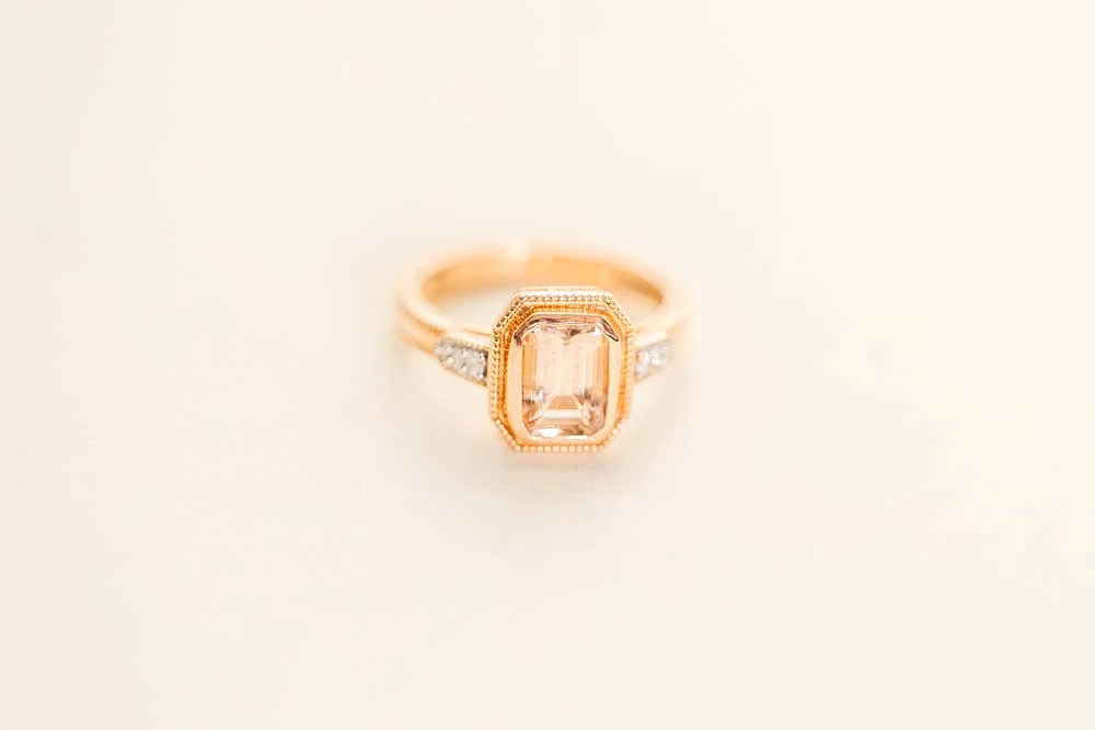 Ring with 7X5MM Octagonal Emerald Cut Morganite and .05 Carat TW of Diamonds 14kt Rose Gold