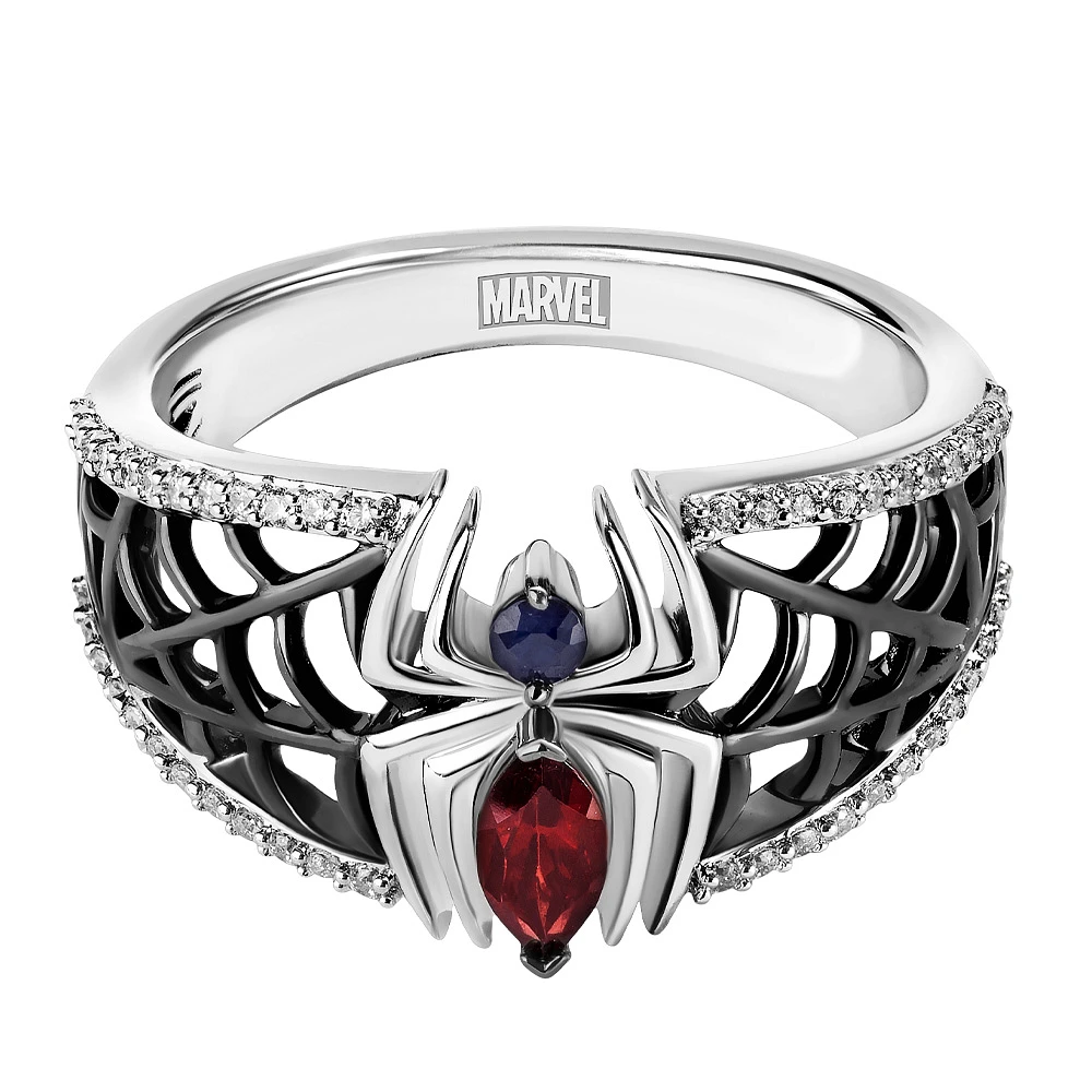 Marvel Spider-Man Ring with Blue Sapphire, Garnet and .17 Carat TW of Diamonds Black Rhodium Plated Silver