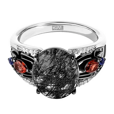 Marvel Spider-Man Ring with Rutilated Quartz, Garnet, London Blue Topaz and .05 Carat TW of Diamonds Black Rhodium Plated Silver