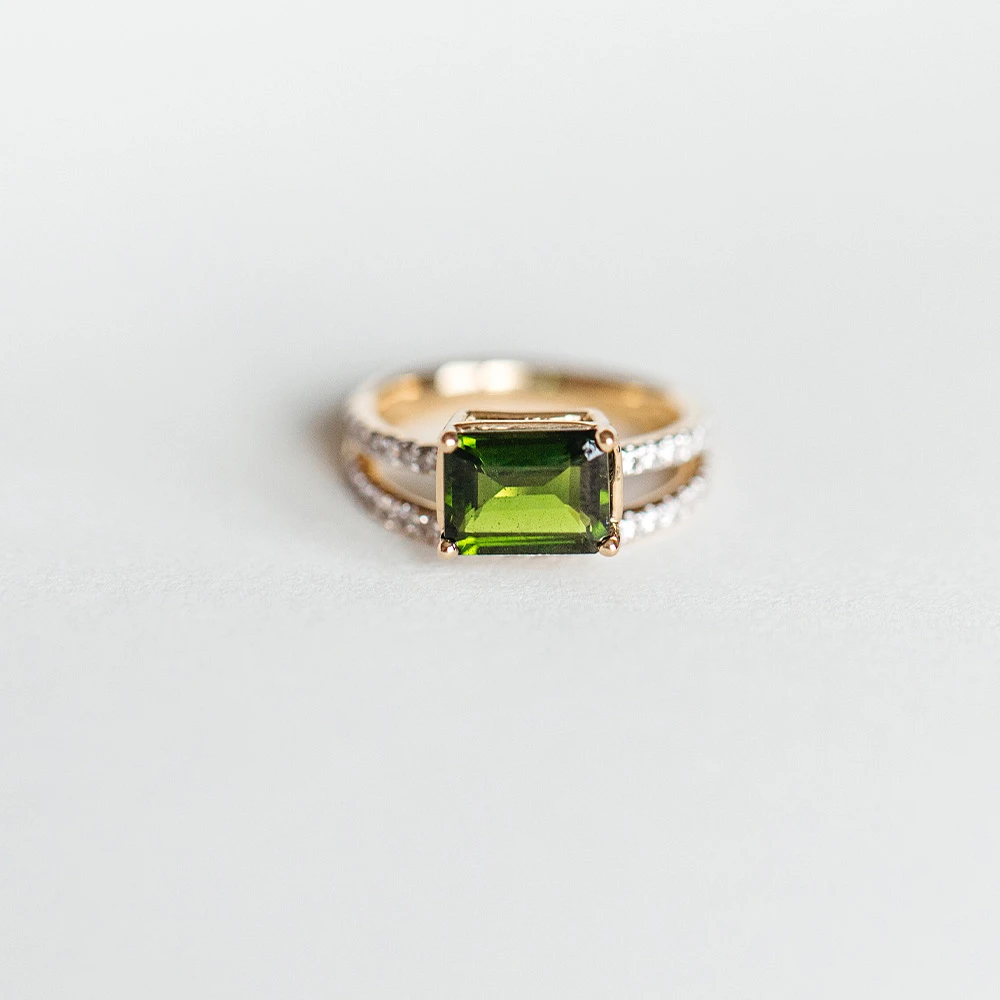 Ring with 9X7MM Emerald Cut Green Tourmaline and .35 Carat TW of Diamonds 14kt Yellow Gold