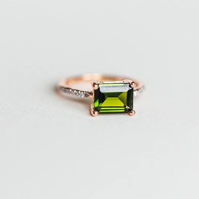 Ring with 9X7MM Emerald Cut Green Tourmaline and .12 Carat TW of Diamonds 14kt Rose Gold