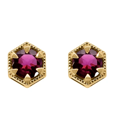 Earrings with 5MM Round Rhodolite Garnet in 10kt Yellow Gold