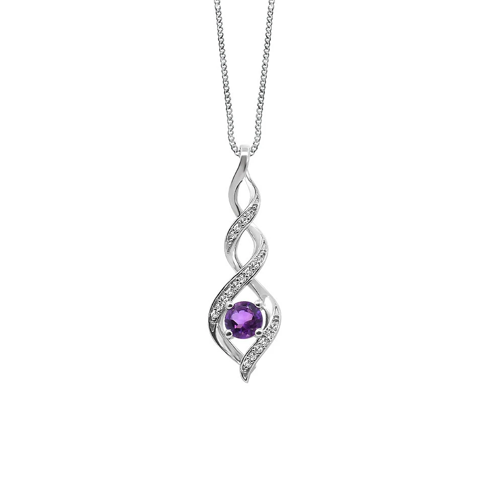 Infinity Pendant with .05 Carat TW of Diamonds and Amethyst 10kt White Gold Chain