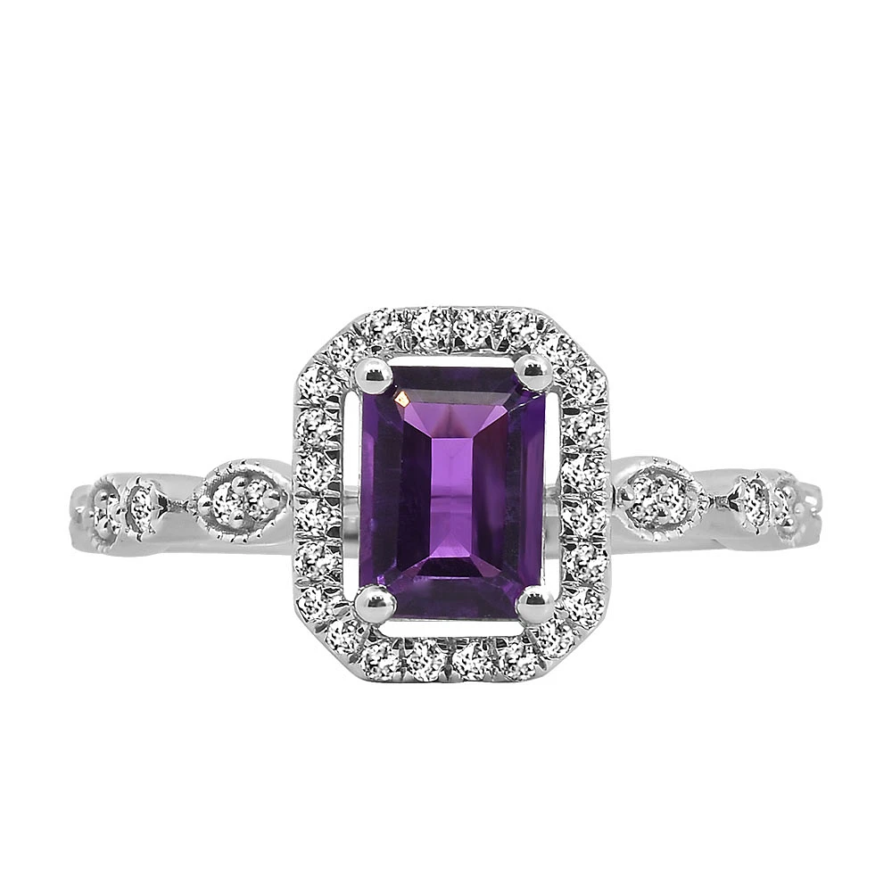 Ring with 7X5MM Emerald Cut Amethyst and .25 Carat TW of Diamonds 14kt White Gold