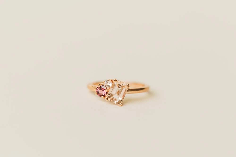 Ring with 7X5MM Emerald Cut Morganite, Pink Tourmaline and White Topaz in 10kt Rose Gold