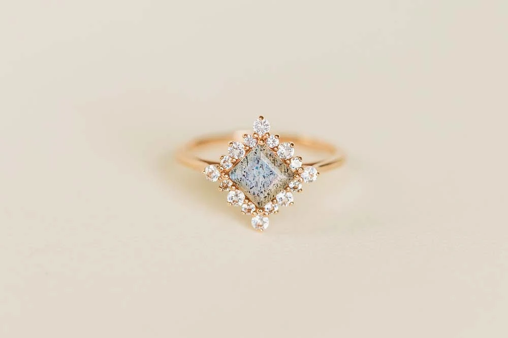 Ring with 6X6MM Princess Cut Labradorite and White Topaz in 10kt Rose Gold