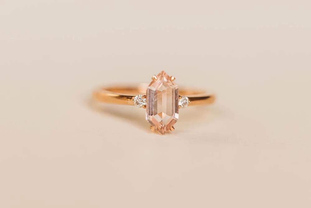 Ring with Elongated Hexagon Morganite and .06 Carat TW of Diamonds in 14kt Rose Gold