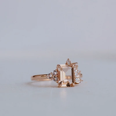 Ring with 8X6MM Emerald Cut Morganite and Round Marquise White Topaz 14kt Rose Gold